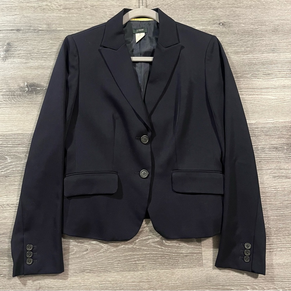 J Crew Blazer Women’s 8 Black 100% Wool Two Button Suit Jacket Preppy Academia